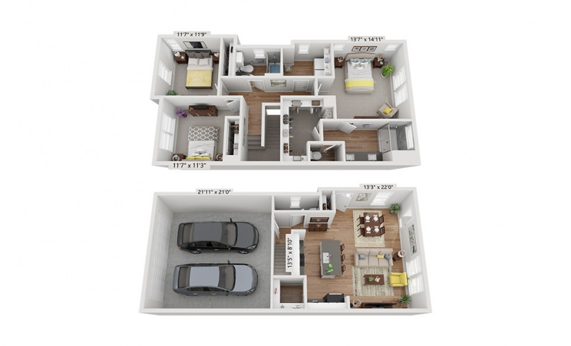 The Dauntless - 3 bedroom floorplan layout with 2.5 bathrooms and 1430 - 1440 square feet