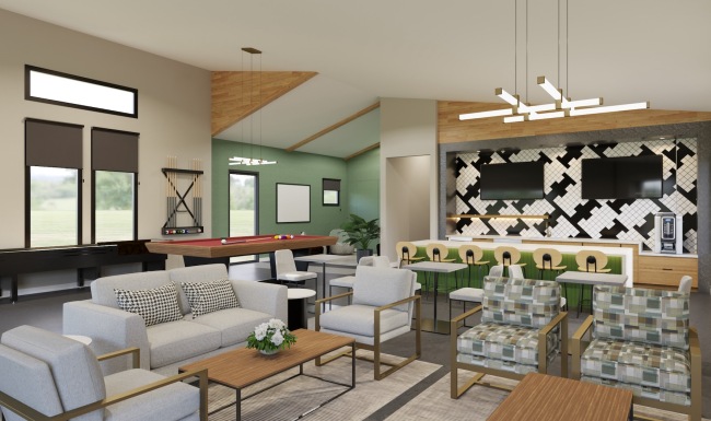 Club Room Dog-Friendly Homes for Rent in Brooks City Base, TX - Los Cielos at Brooks - Clubhouse with Billiards Table, Kitchen, and Lounge Seating Area