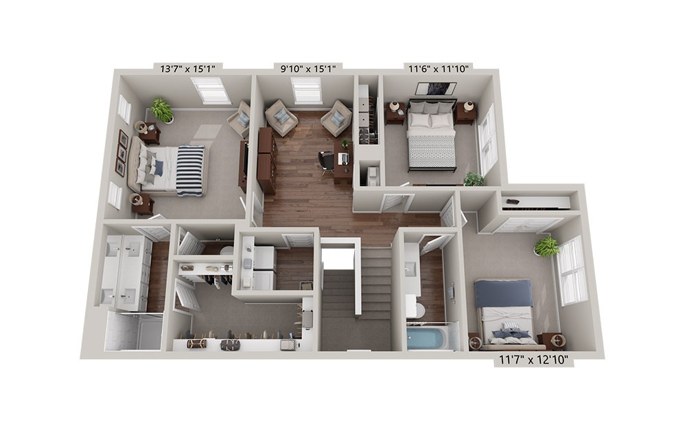 #7614-AM - 3 bedroom floorplan layout with 2.5 bathrooms and 1656 square feet (Level 2)