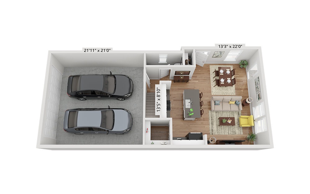 The Dauntless - 3 bedroom floorplan layout with 2.5 baths and 1430 to 1440 square feet. (Floor 1)