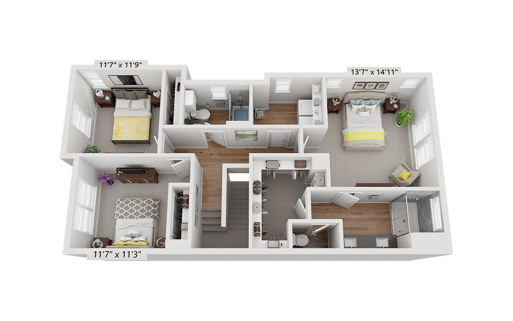 The Dauntless - 3 bedroom floorplan layout with 2.5 baths and 1430 to 1440 square feet. (Floor 2)