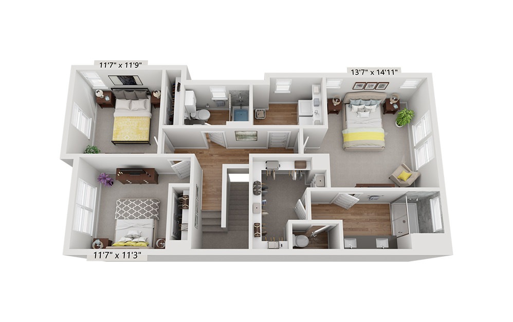 The Dauntless - 3 bedroom floorplan layout with 2.5 bathrooms and 1430 - 1440 square feet (Floor 2)